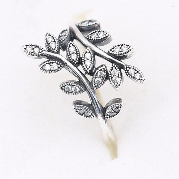 Cluster Rings Autênticos S925 Silver Sparkling Leaves With Crystal Ring For Women Wedding Party Gift Fit Lady Fine Jewelry