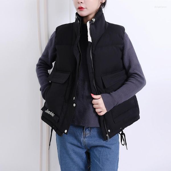 Damen Daunenjacke, kurze Winterweste, solide Baumwolle, gepolstert, Stehkragen, ärmellose Jacke, Damen, große Taschen, lässige Oberbekleidung, Damen, schön