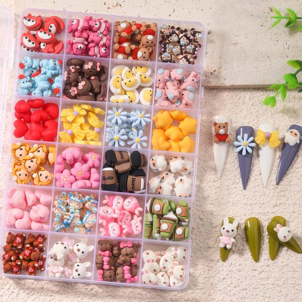 Nail Art Decorations 24 Grid Mixed 3D Cartoon Animal Kawaii Accessories Nail Charms Acrylic Resina Unha Parts Nail Art Decoração Manicure Design 230619