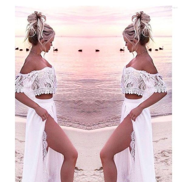 Partykleider Weiße Spitze Strandkleid für Frauen Lange Zweiteilige Beachwear 2023 Sommer Sommerkleider Plus Size Top Robe Blanche Dantel