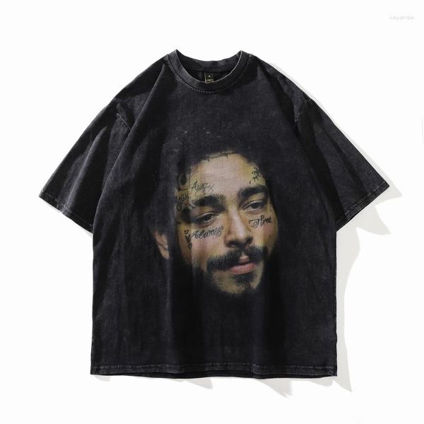 Camisetas masculinas Hip Hop Tshirt Streetwear Men Retrato Gráfico Estampado Camisa Desgastada 2023 Verão Harajuku Oversize Camiseta Lavada Top Tee