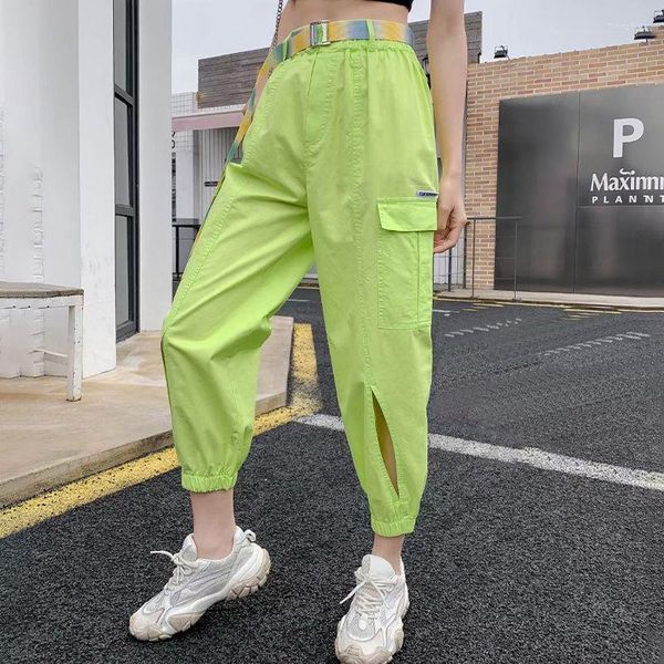 Pantaloni da donna Summer Woman Pantaloni sottili verdi fluorescenti Cintura a vita alta da donna Gamba larga 7 colori Design semplice con tasche laterali