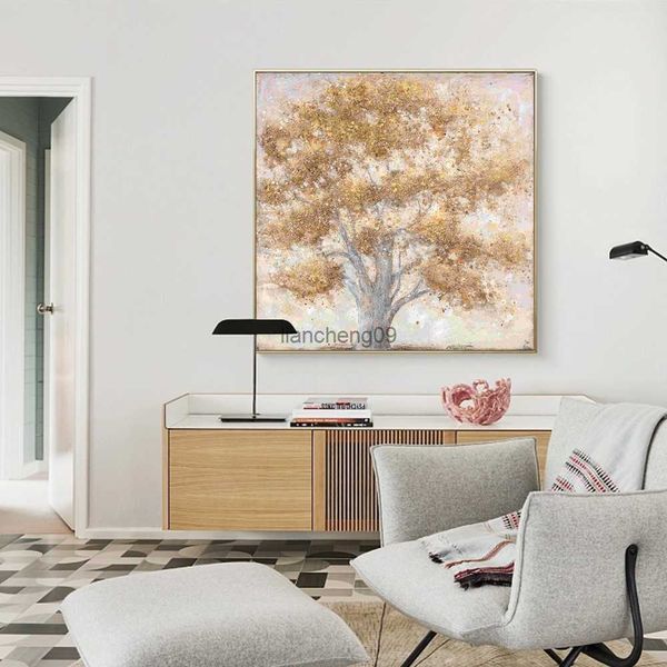 HUACAN Abstrakter Goldbaum, Landschaftsgeometrie, strukturiertes Ölgemälde, 100 % handgefertigt, Leinwand-Wandbild, ungerahmt, für Esszimmer-Dekoration