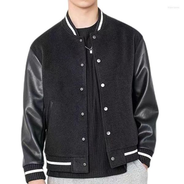 Jaquetas masculinas listradas com acabamento canelado jaqueta de beisebol preta manga PU patchwork gola alta Casaco de lã casual estilo japonês Streetwear