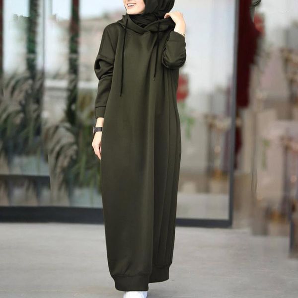 Vestuário étnico Muçulmano Vestido Feminino Moletom 2023 Com Capuz Abaya Elegante Moletons Manga Longa Maxi Vestidos Casual Sólido Islã Vestidos Robe