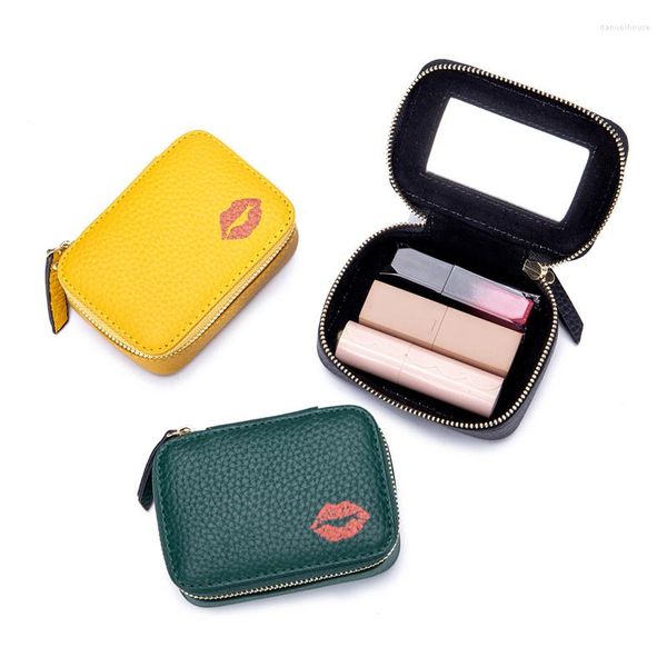 Kosmetiktaschen Mini-Make-up-Etui Kleine tragbare Aufbewahrungstasche aus echtem Leder für Lippenstifte mit Spiegel Reiseveranstalter Münzgeldbörsentasche