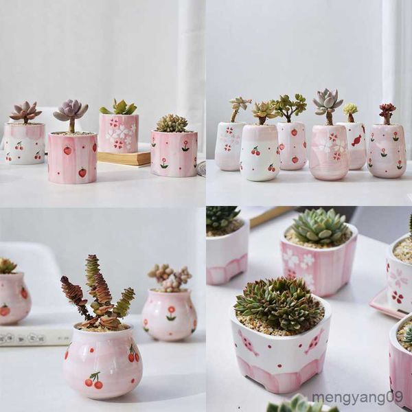 Plantadores Vasos de cerâmica rosa pintados à mão Vasos fofos para suculentas Mini recipientes para plantas com furo Decoração de jardim para casa R230620