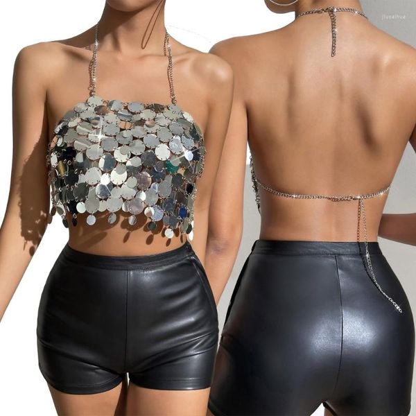 Serbatoi da donna Glitter paillettes Halter Crop Top Catena per il corpo Accessori per gioielli da festa per le donne