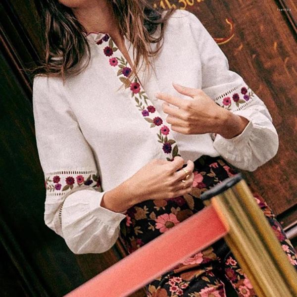 Camicette da donna Rowling Mirror Camicia bianca con volant ricamata floreale Camicetta da donna a maniche lunghe con scollo a O Vintage Top da donna elegante da ufficio vintage