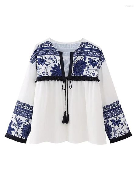 Camicette da donna Chic Lady 2023 Summer Fashion Patchwork Blu Ricamo Stampa Camicetta ampia Donna Elegante nappa con scollo a V Pullover bianco Top