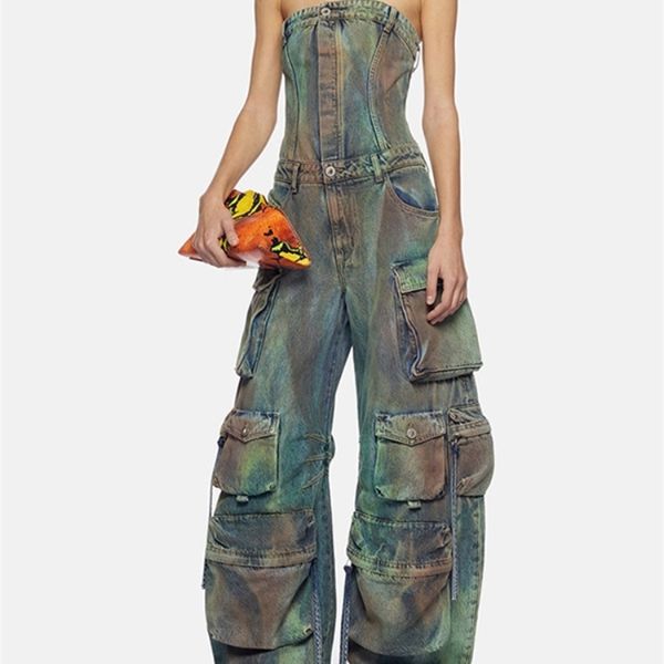 Pantaloncini da donna Vintage Street Denim Jumpsuit Donna Primavera Estate Punk Rock Style Colorato senza spalline Slim Fit Old Washed Pantaloni a gamba larga 230619