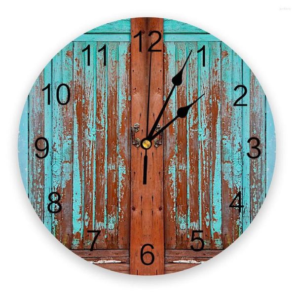 Relógios de parede com textura de madeira, estampa de porta, arte, relógio redondo, sem tique-taque, para decoração de casa, presente