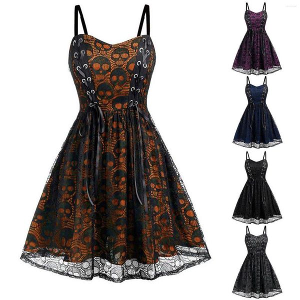 Vestidos casuais fantasias de halloween gótico festa com renda para mulheres retrô estampa de caveira bandagem patchwork alça espaguete vestido evasê robe