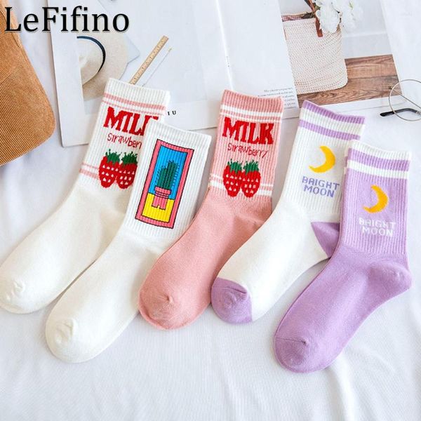 Calzini da donna Carino stile giapponese e coreano Calzino a righe rosa fragola Latte Lettera Caramella Personalità Estate Bella Kawaii Femmina bianca