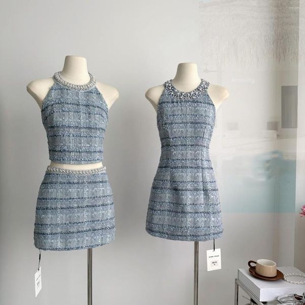 Arbeitskleider Zweiteiliges Set Damen Outfits 2023 Tweed-Anzüge Koreanische Mode Blau Plaid Hängender Hals Hosenträger Tank Top Hohe Taille Mini