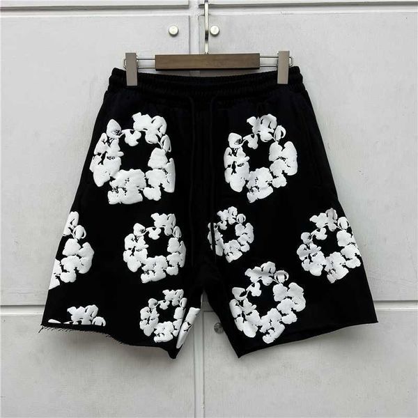 Jeans Black Grey Puff Print Shorts Hombres Mujeres Cordón Calzones