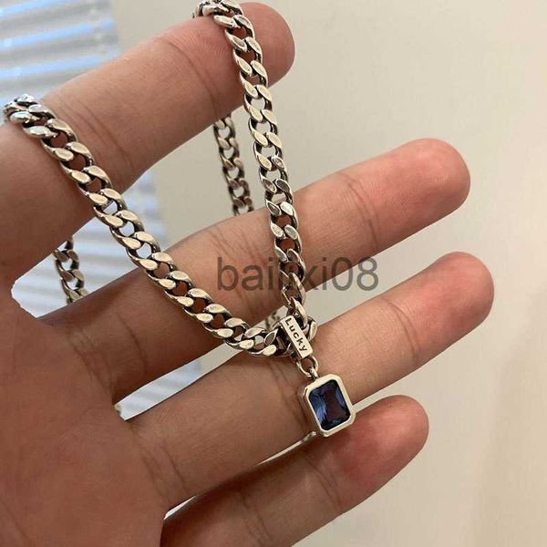 Anhänger Halsketten Neue 925 Sterling Silber Quadratische Blaue Zirkonia Halskette Kubanischen Typ Halsband Passende Party Geschenk Exquisite frauen Schmuck J230620