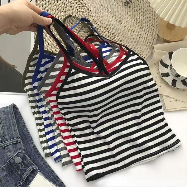 Frauen Tanks Korea Stil Baumwolle Gestreiften Leibchen Weiblichen Sommer Cross Strap Gebaut In Bh Mädchen Camis Frauen Dünne Tank top Drop