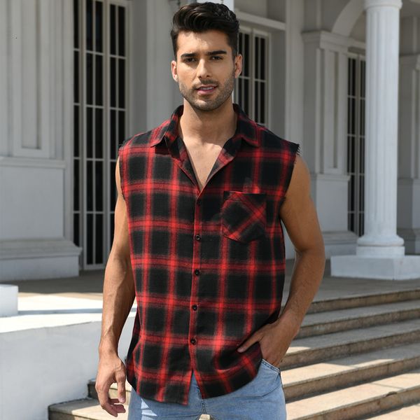 Regata Masculina Moda Verão Masculino Casual Estampado Xadrez Sem Manga Camiseta Colete Fivela Lixar Estilo Coreano Regata Masculina Colete Praia 230620