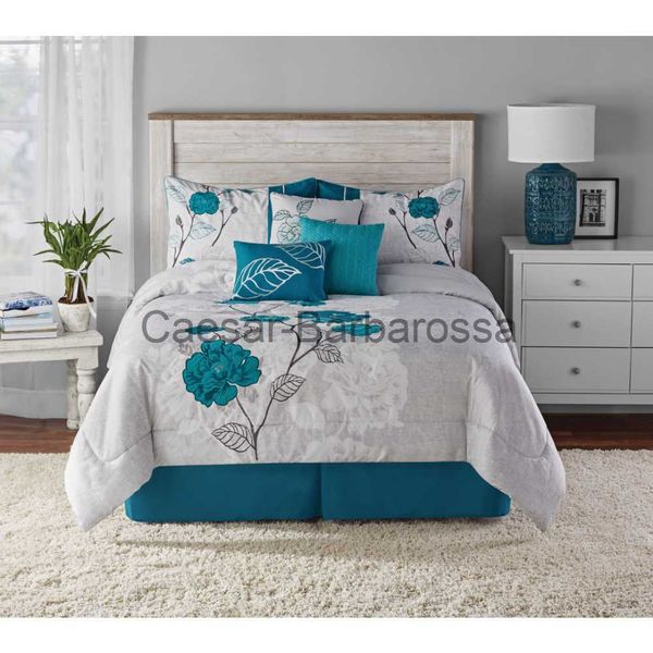 Set di biancheria da letto Set di biancheria da letto 7Piece Set copripiumino con rose verde acqua FullQueen con set di biancheria da letto con dettagli applicati ricamati x0620