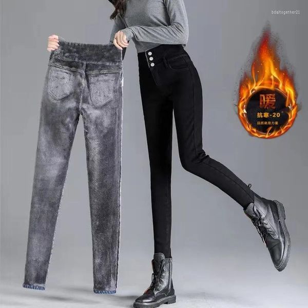 Calças femininas jeans de cintura alta mulheres plus veludo grossas 2023 outono inverno finas e finas calças elásticas justas lápis a744