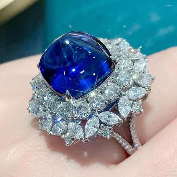 Cluster Anéis Cristal Azul Safira Pedras Preciosas Diamantes Luxo Grandes Flores Para Mulheres Ouro Branco Cheio de Prata 925 Jóias Finas Festa de Presente
