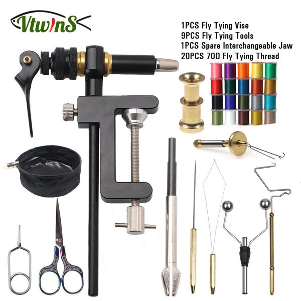 Acessórios de pesca Vtwins 360 Rotação Mosca Amarração Vise Fazendo Moscas Lure Ferramenta Empilhador de Cabelo Chicote Finalizador Tesoura Titular Bobina 200D equipamento de pesca 230619