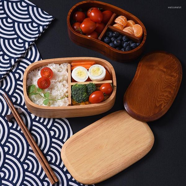 Geschirr-Sets aus Holz, Lunchbox, Picknick, japanisches Bento für Schulkinder, Set mit Tasche, Löffel, Gabel, Stäbchen, rund, quadratisch