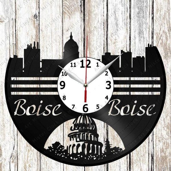 Wanduhren Boise Skyline Schallplattenuhr Home Art Decor Einzigartiges Design Handgemacht Original Geschenk Schwarz Exklusiver Fan