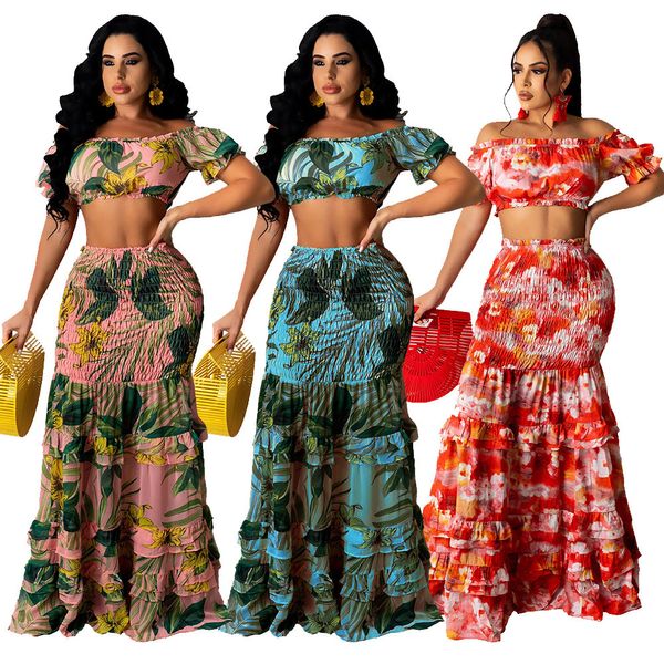 Beach Vacation Casual Dresses Women Outfits Crop Top Babado Bainha Shirred Fenda Maxi Saia Conjunto Casual Summer Set 210521