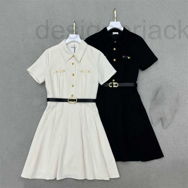 Vestidos casuais básicos de estilista verão novo estilo de celebridade francesa temperamento elegante placa de metal carta decorativa cinto vestido feminino Y731