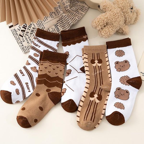 Женские носки Harajuku Женская средняя труба сладкая красота средняя длины хлопковое кофе-цвет медведь прилив осень