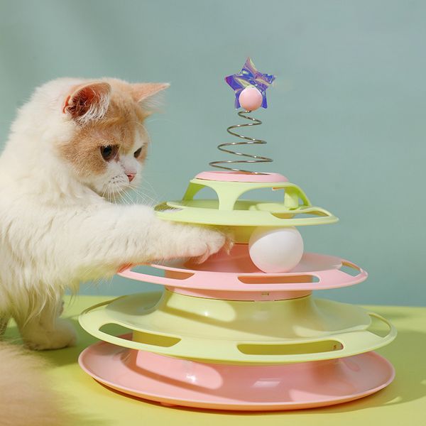 Cat Toy 4 Layers Cat Turntable com Ball Kitten Puzzle Track Tower Toy Pet Interactive Training Amusement Plate Cat Accessories