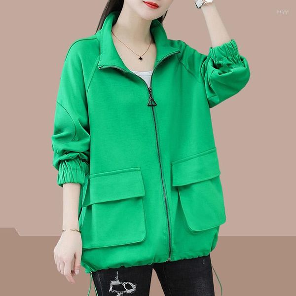 Jaquetas femininas verde casaco curto feminino 2023 primavera outono feminino casual bolso agasalho manga longa jaqueta de beisebol solto streetwear roupas