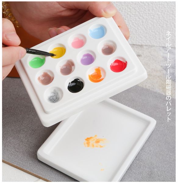 Pincéis de unhas estilo japonês ferramentas de pintura de unhas estilo ins cola polonês paleta de aquarela cerâmica 12 grades com tampa à prova de poeira 230619