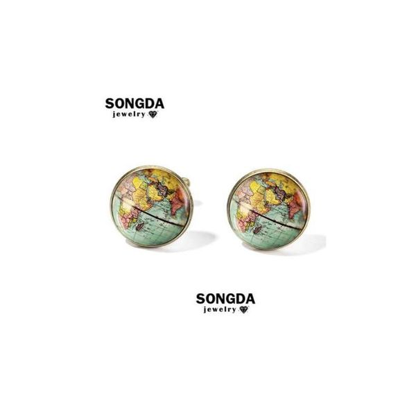 Gemelli Songda Vintage Earth World Map Gemelli Globe Planet Art P O Camicia a cupola in cristallo per uomo Gemelos personalizzato Drop Dh3Nm