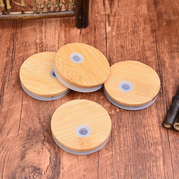 Tampa de copo de bambu de 70 mm tampa de vidro reutilizável de madeira com orifício para canudo e silicone válvula de canudo de silicone silicone de vedação tampas de tanque de armazenamento de madeira