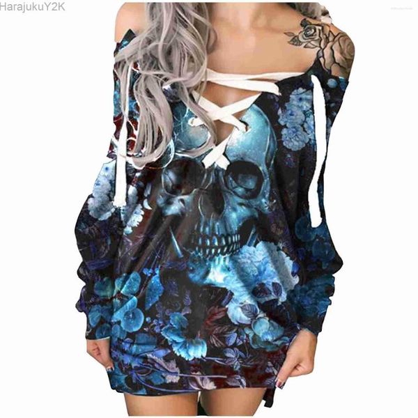 Casual Kleider Vintage Schädel Rose Print Kleid Vestidos Herbst Winter Langarm Spitze Up Gothic Roben Femme Grunge Sweatshirt