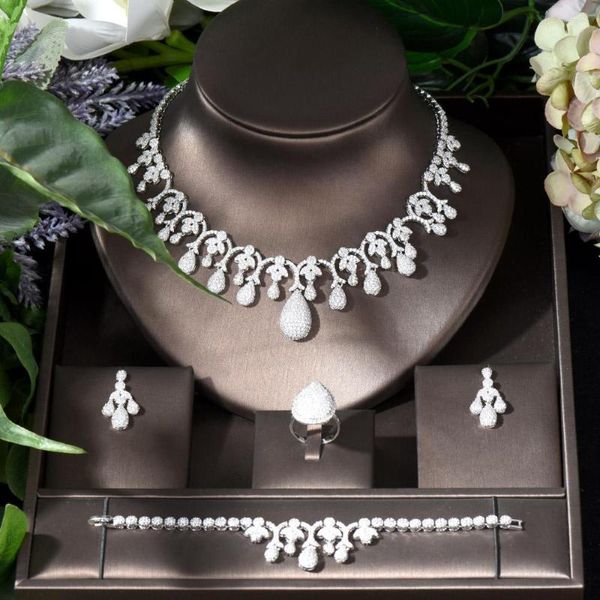 Серьги ожерелья устанавливают модные чары Большой воды капля женщин свадебные украшения CZ Белый цвет Серьги Свадебные аксессуары Bijoux N-1113