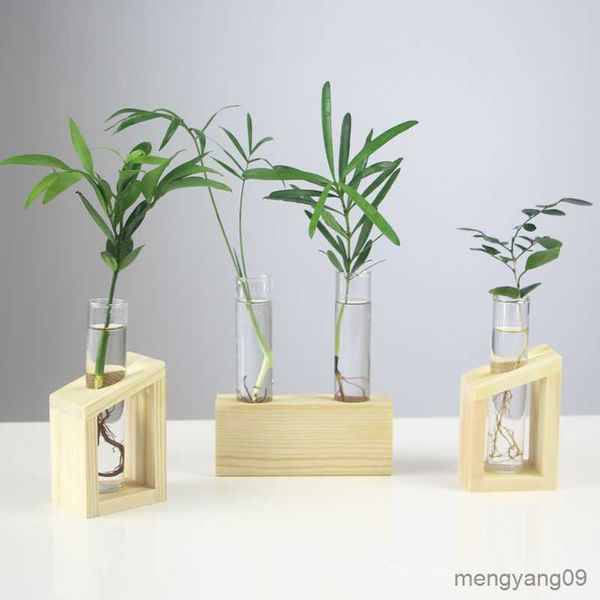 Pflanzgefäße, Töpfe, Glasvase, transparent, Vintage-Holzrahmen, Blumenarrangement, Reagenzglas, Hydrokultur-Blumentopf, Tischdekoration für grüne Pflanzen, R230620