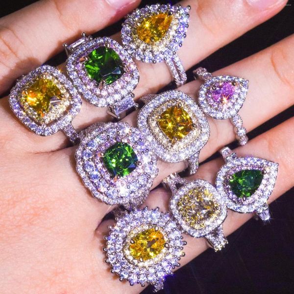 Cluster Rings Big Bling Zircon Stone Silver Color For Women Fashion Jewelry Wedding Noivado Ring 2023 Pink Green Yellow