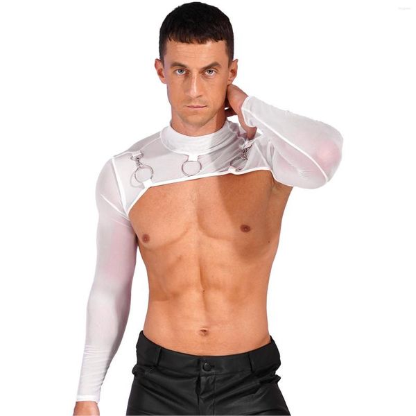 Herren-T-Shirts, durchsichtiges Netz-Halb-Crop-Top, Stehkragen, langärmelig, mit O-Ring-Dekor, T-Shirt, Party, Bühne, Performance, Kostüme, Clubwear