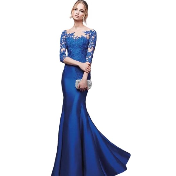 Königsblaue Meerjungfrau-Abendkleider, transparenter Ausschnitt, luxuriöse, volle Ärmel, sexy afrikanische handgemachte Blumen, elegante Abschlussball-Party-Kleider