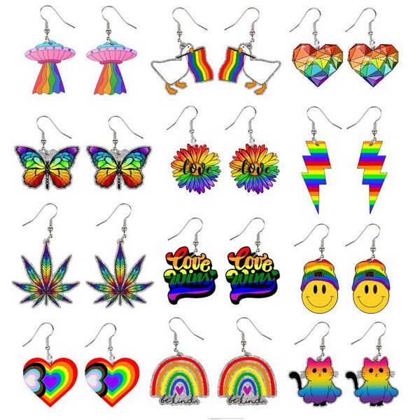 Acrílico siete colores arcoíris serie rayas relámpago amor mariposa frente a pendientes japoneses y adornos de pendientes