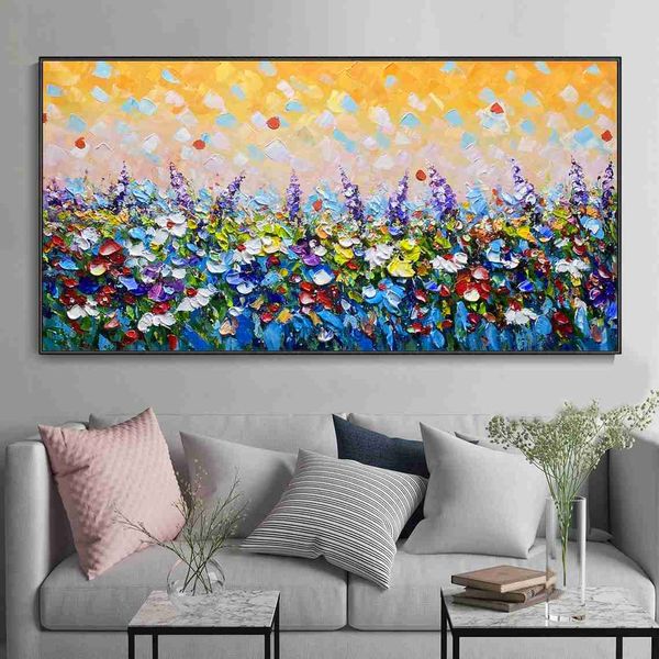 Blooming Colorful Flower Texture Dipinto ad olio dipinto a mano Boho Paesaggio floreale Grande decorazione della parete Murale Wall Art per la decorazione domestica L230620