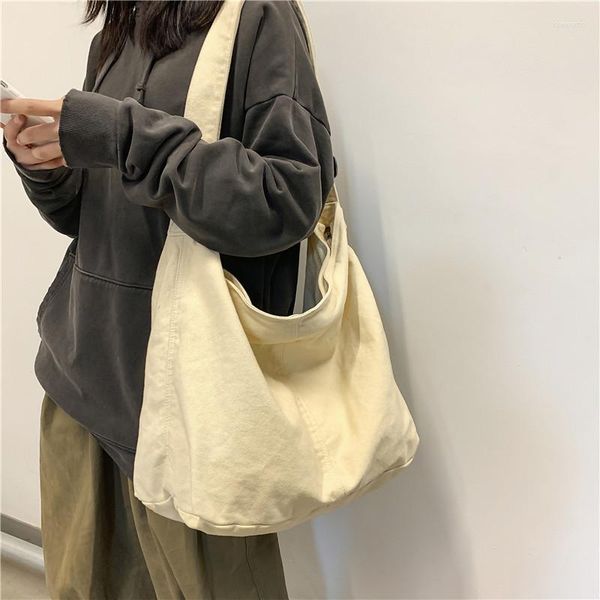 Omuz çantaları Crossbody kadın üniversite öğrencilerinin okul çantası Japonca gündelik büyük kapasiteli sade tuval