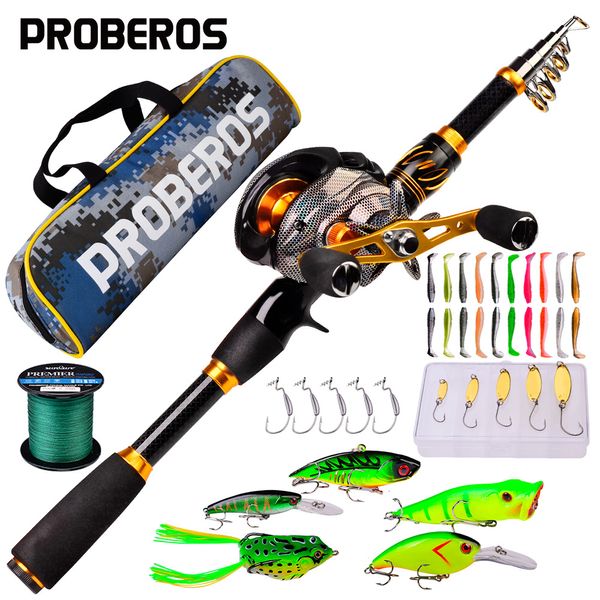 Çubuk Reel Combo Proberos Teleskopik çubuk ve makara kiti 2.1 Karbon Fiber Balıkçılık Çubuk 7.2 1 Dişli Oran Baitcasting Reel Hat Lures Hooks Torba Combo 230619