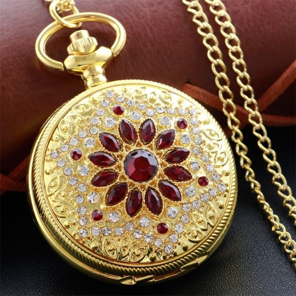 Orologi tascabili Gold Luxury Ruby Pocket Watch Necklace Digital Chain Clock Clock Fashion Sculpture Donne's Men's Gift 230619