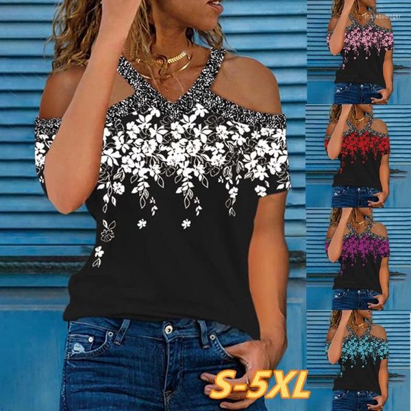 T-shirt da donna 2023 T-shirt casual stampata a fiori manica corta moda donna T-shirt estiva senza spalline con scollo a V morbida e confortevole