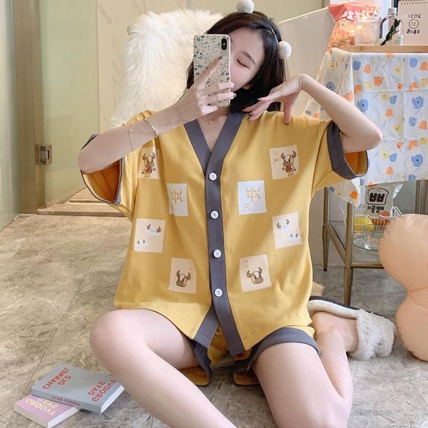 Indumenti da notte da donna Kawaii Cow Camicia da notte Giappone Bullhead Kimono Homewear Sweet Girl Scollo a V Rosa Blu Poliestere Morbido Pigiama Set